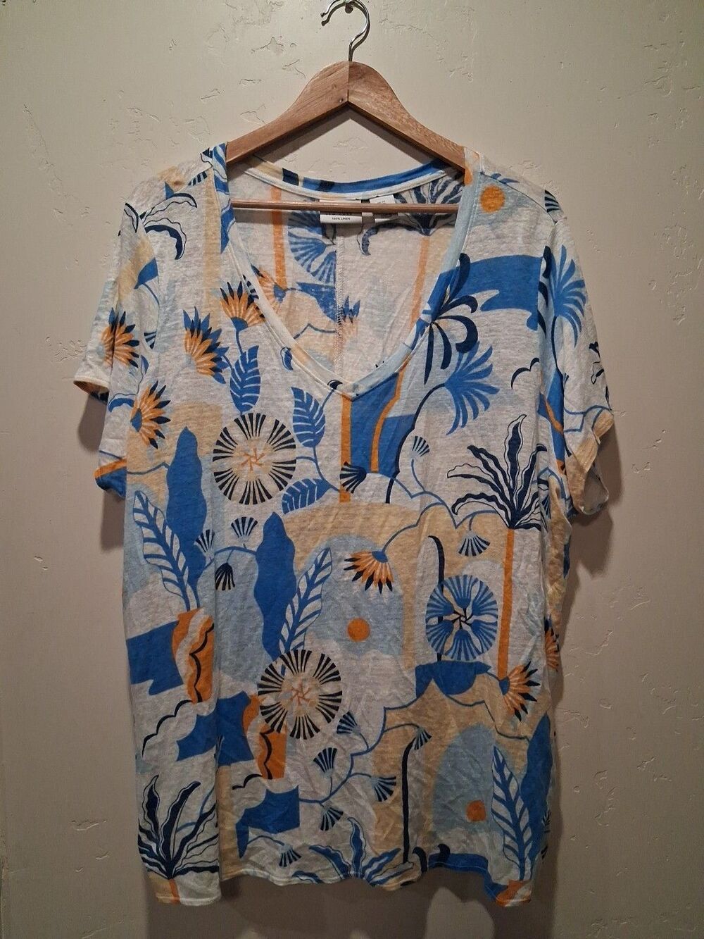 Nicole Miller Size 2X 100% Linen Short Sleeve Shirt Yellow Blue Tropical Beach